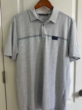 Travis Mathew Light Gray Polo with Navy and Mint Stripe